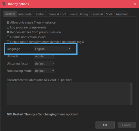 thonny preferences langue