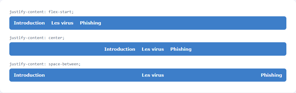 Trois barres de navigation illustrant flex-start, center et space-between