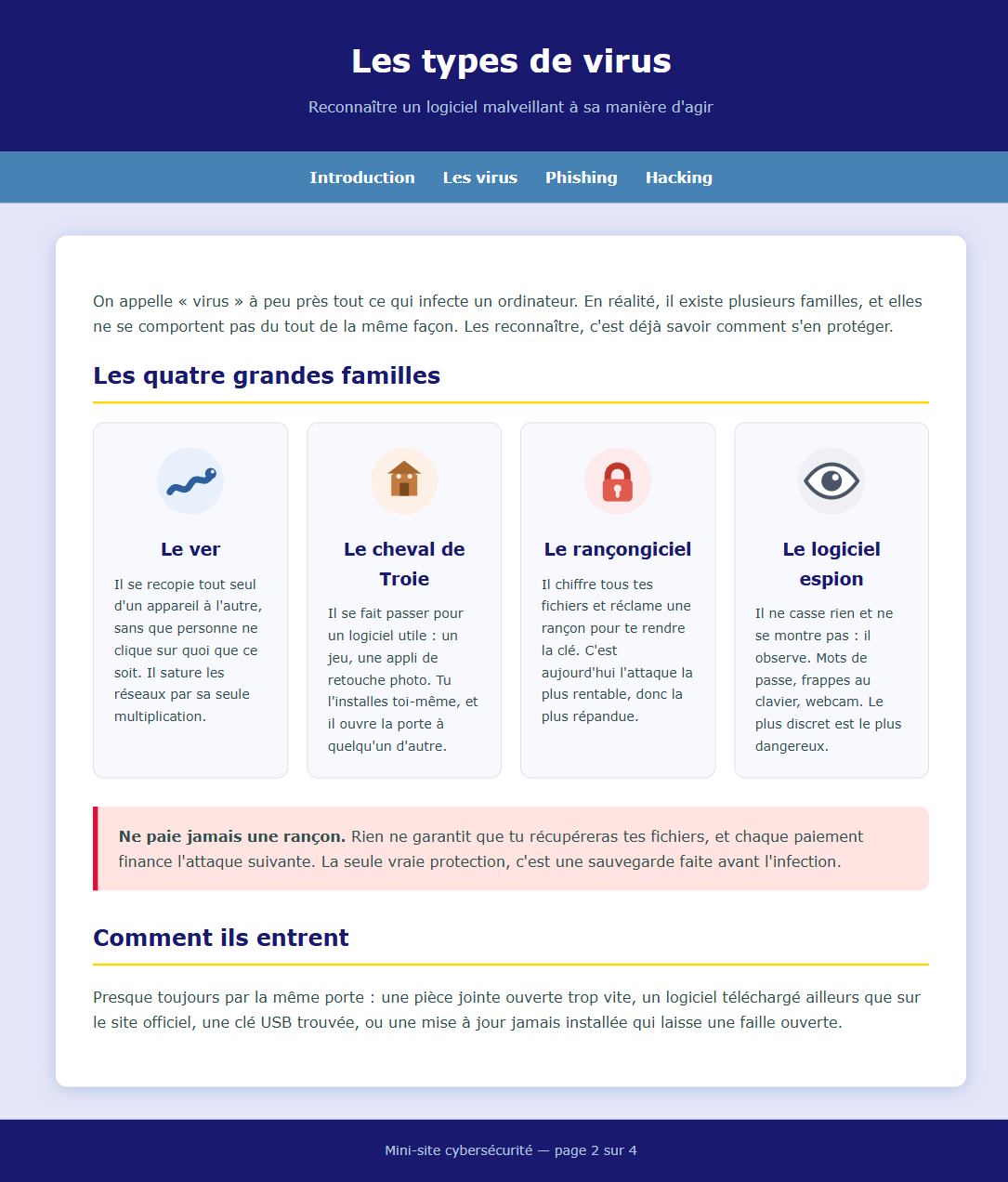 Une page complète : bandeau bleu foncé, barre de navigation, contenu centré dans une colonne blanche avec quatre cartes de virus, encadré d'alerte rouge et pied de page