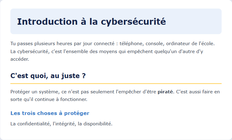 Une page affichant un titre principal, deux niveaux de sous-titres, des paragraphes et le mot piraté en gras
