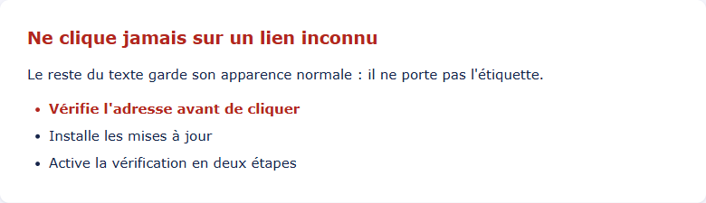 Un titre et un élément de liste en rouge gras, le reste du texte en couleur normale