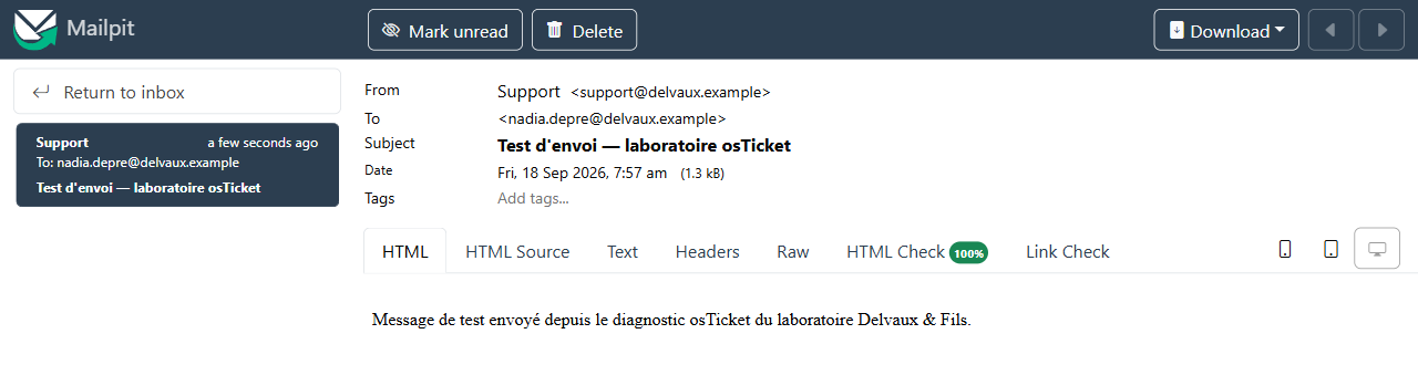 Message de test reçu dans Mailpit : expéditeur support@delvaux.example, destinataire nadia.depre@delvaux.example, même sujet et même texte