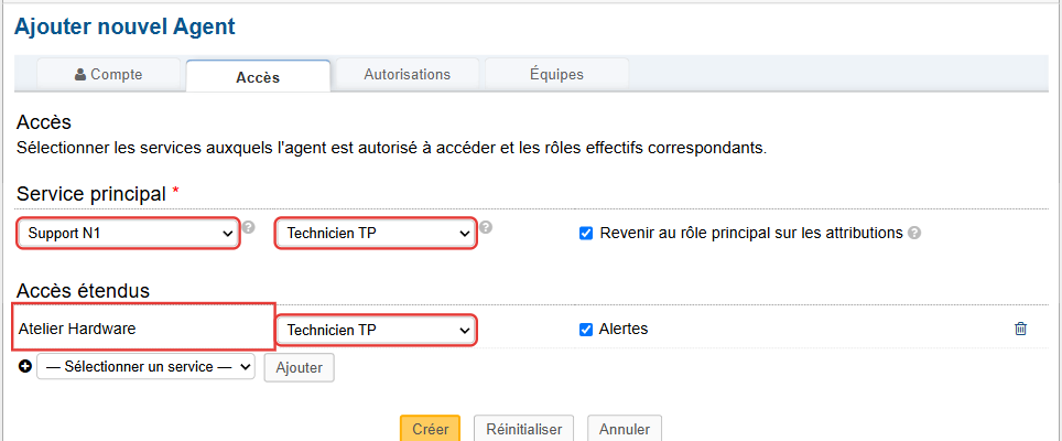 Onglet Accès : service principal Support N1 avec le rôle Technicien TP, accès étendu à Atelier Hardware avec le même rôle
