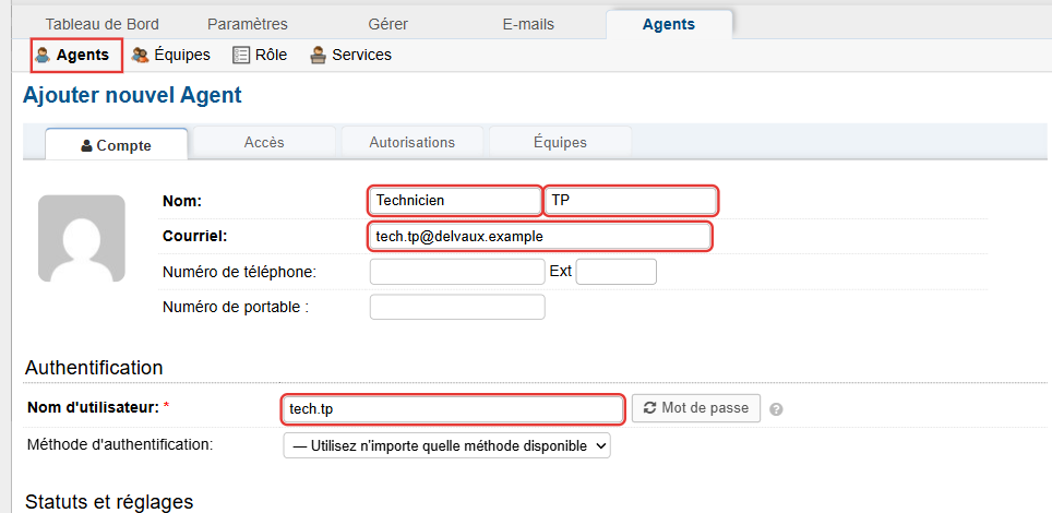 Onglet Compte du nouvel agent : prénom Technicien, nom TP, courriel tech.tp@delvaux.example et nom d'utilisateur tech.tp
