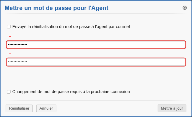Fenêtre Mettre un mot de passe pour l'Agent : envoi par courriel décoché et deux champs de mot de passe remplis