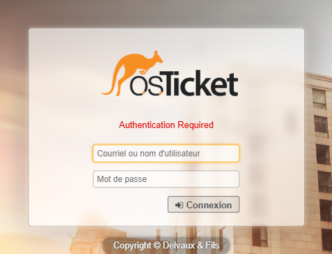 Formulaire de connexion du panneau agent osTicket, avec un champ pour le nom d'utilisateur et un champ pour le mot de passe