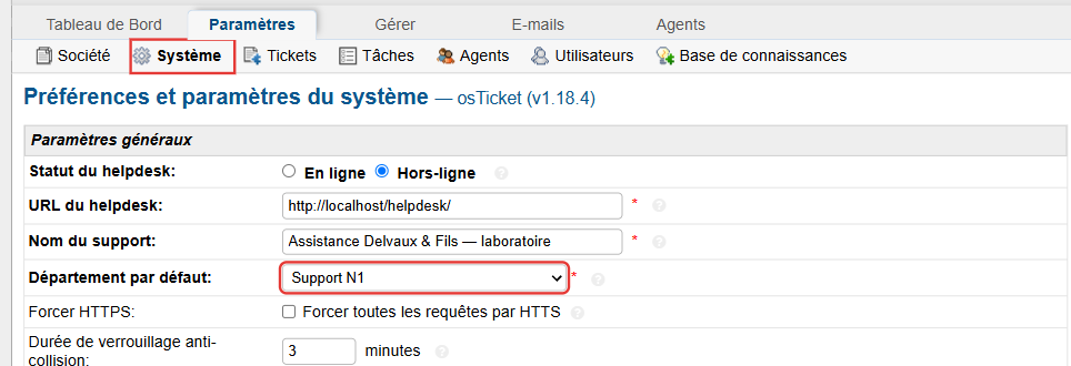 Paramètres système : Département par défaut réglé sur Support N1