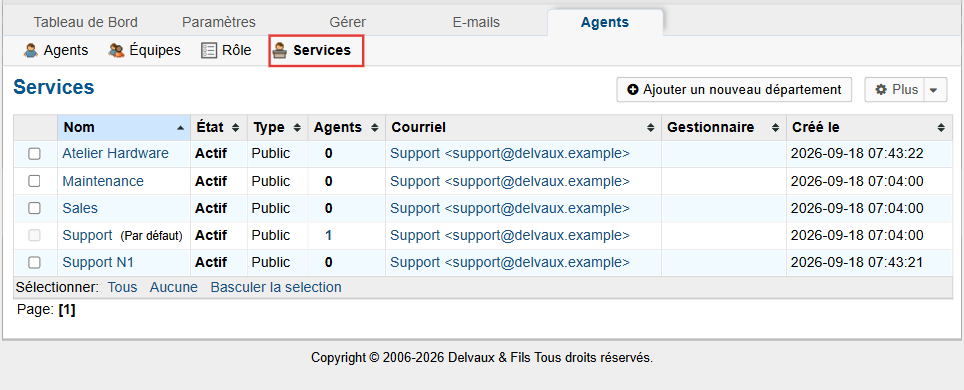 Liste des services avec Atelier Hardware et Support N1, à côté des services d'exemple Maintenance, Sales et Support