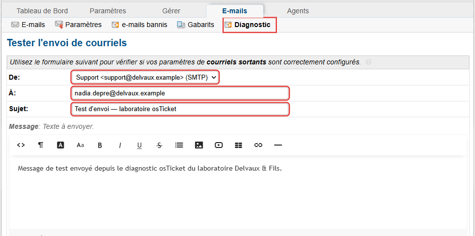 Page Tester l'envoi de courriels : expéditeur Support (SMTP), destinataire nadia.depre@delvaux.example et sujet du test
