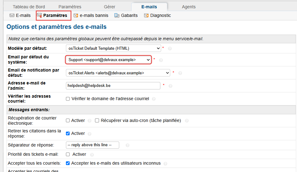 Paramètres des e-mails : e-mail par défaut du système et MTA par défaut réglés sur Support support@delvaux.example