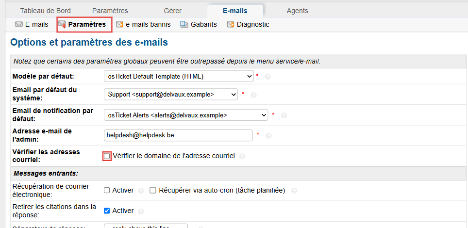 Paramètres des e-mails : la case Vérifier le domaine de l'adresse courriel est décochée