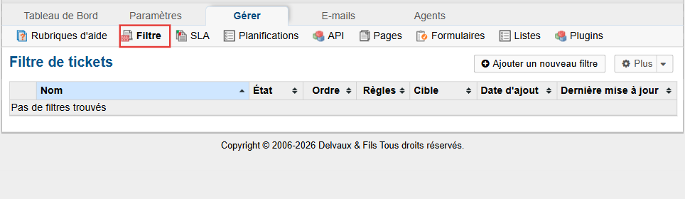Page Filtre de tickets : aucun filtre n'est défini