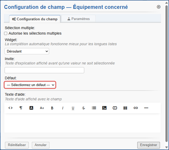 Onglet Configuration du champ : la valeur par défaut reste sur Sélectionnez un défaut