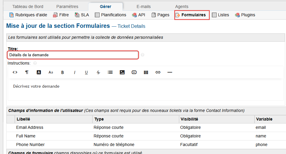 Formulaire Ticket Details : titre Détails de la demande et libellés Résumé, Description et Priorité