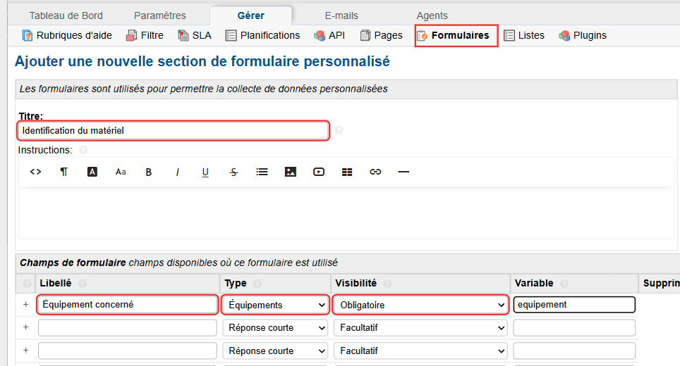 Nouveau formulaire Identification du matériel : champ Équipement concerné, type Équipements, visibilité Obligatoire