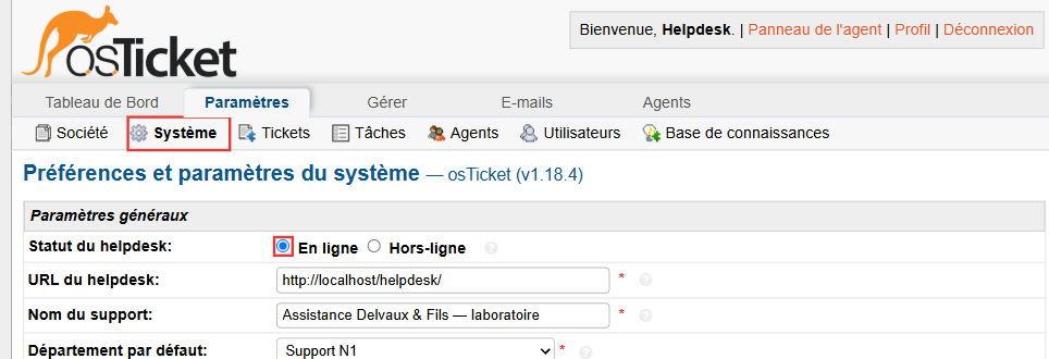 Paramètres système : l'option En ligne du statut du helpdesk est sélectionnée