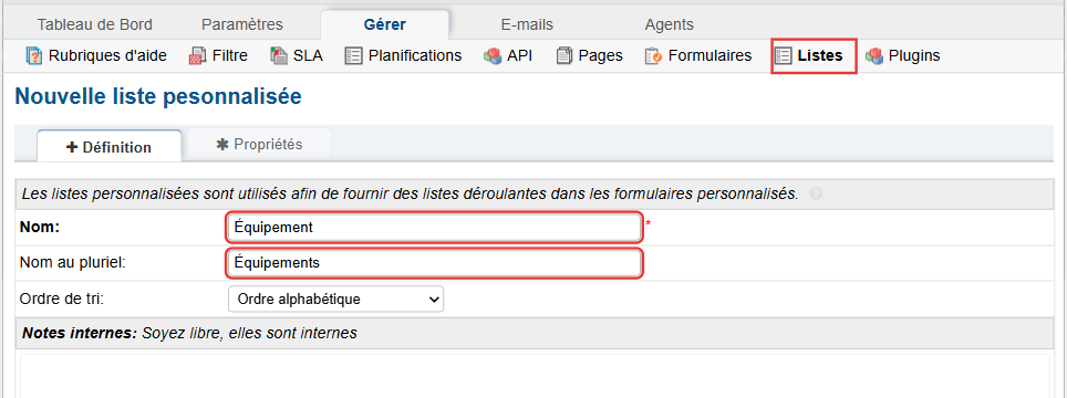 Nouvelle liste personnalisée : nom Équipement, nom au pluriel Équipements