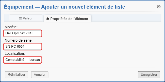 Onglet Propriétés de l'élément : modèle, numéro de série et localisation de PC-0001