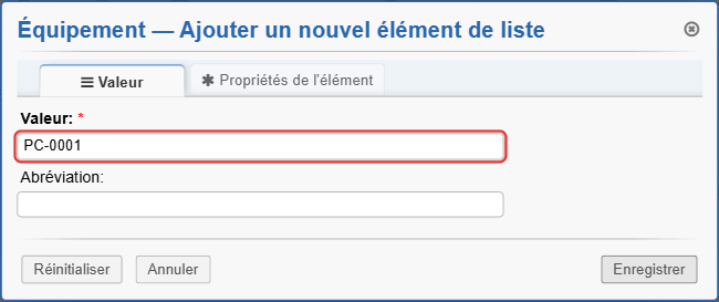 Fenêtre Ajouter un nouvel élément de liste : valeur PC-0001
