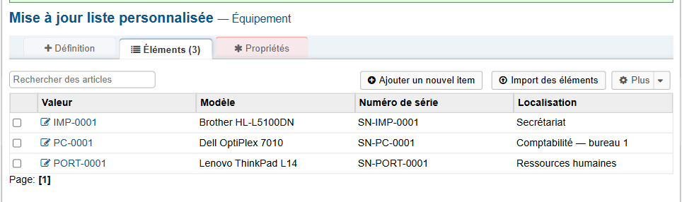 Onglet Éléments de la liste Équipement : IMP-0001, PC-0001 et PORT-0001 avec leur modèle, numéro de série et localisation