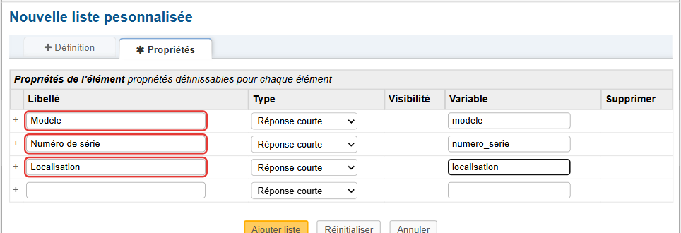 Onglet Propriétés de la liste : Modèle, Numéro de série et Localisation, de type réponse courte