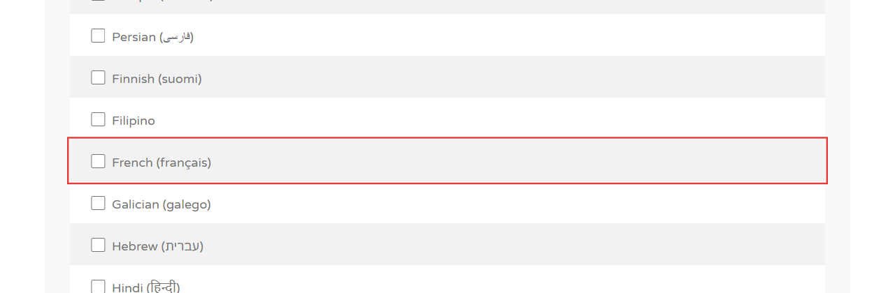Liste des packs de langue : la ligne French (français) est encadrée