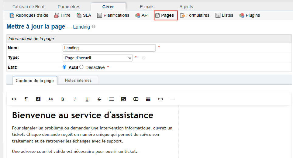 Modification de la page Landing : le contenu commence par le titre Bienvenue au service d'assistance