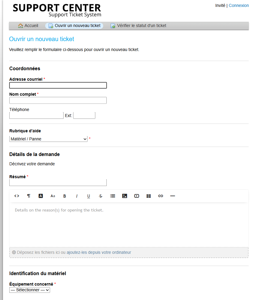Formulaire Ouvrir un nouveau ticket avec la rubrique Matériel / Panne : la section Identification du matériel et son champ obligatoire apparaissent
