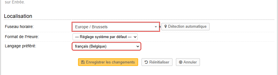 Onglet Paramètres du profil, section Localisation : fuseau horaire Europe / Brussels et langage préféré français (Belgique)