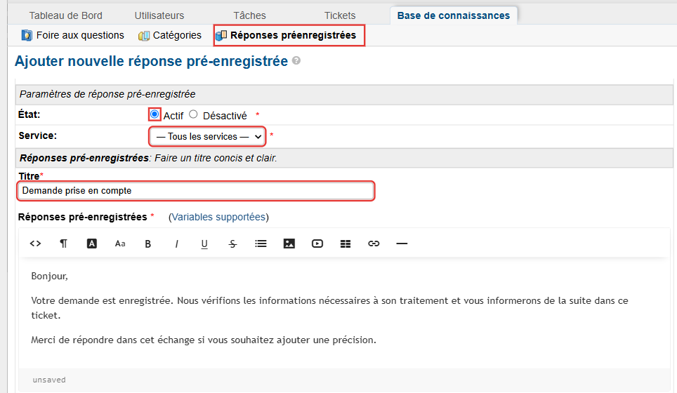Formulaire Ajouter nouvelle réponse pré-enregistrée : état Actif, service Tous les services, titre Demande prise en compte et texte de la réponse