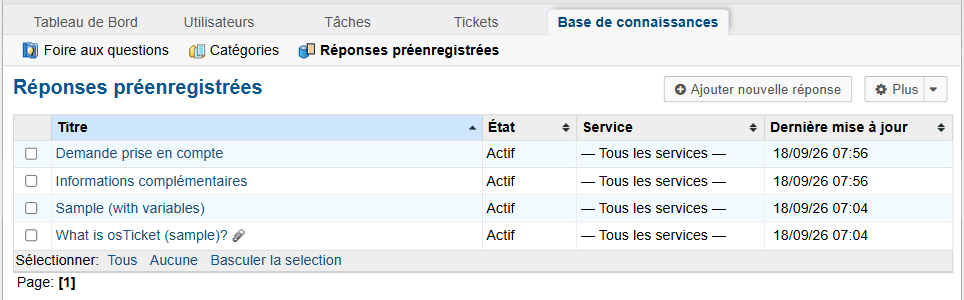 Liste des réponses préenregistrées : les deux réponses du TP sont actives pour tous les services
