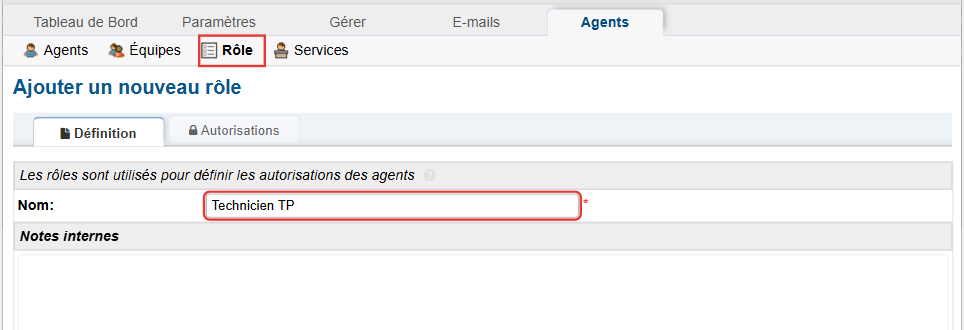 Onglet Définition du nouveau rôle : nom Technicien TP