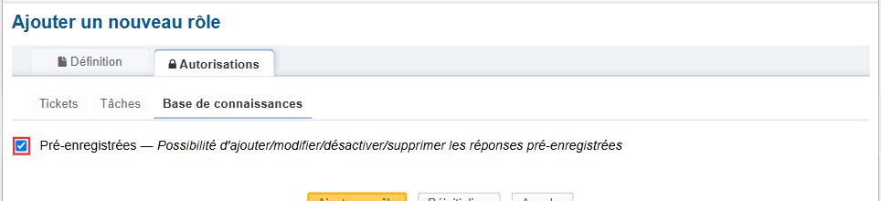 Sous-onglet Base de connaissances : le droit Pré-enregistrées est coché
