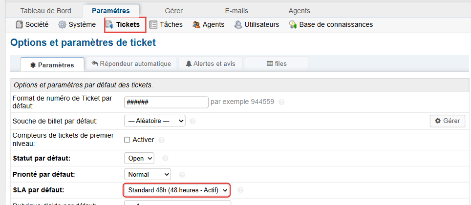 Paramètres des tickets : SLA par défaut réglé sur Standard 48h