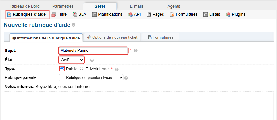 Onglet Informations de la rubrique d'aide : sujet Matériel / Panne, état Actif, type Public