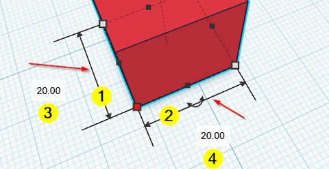 Lignes de mesure qui apparaissent quand on redimensionne un cube : la dimension visée [1+2] et la valeur cliquable [3+4]