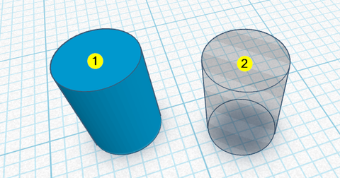 Comparaison entre un solide [1] (couleur pleine) et un perçage [2] (hachuré et semi-transparent) dans TinkerCad